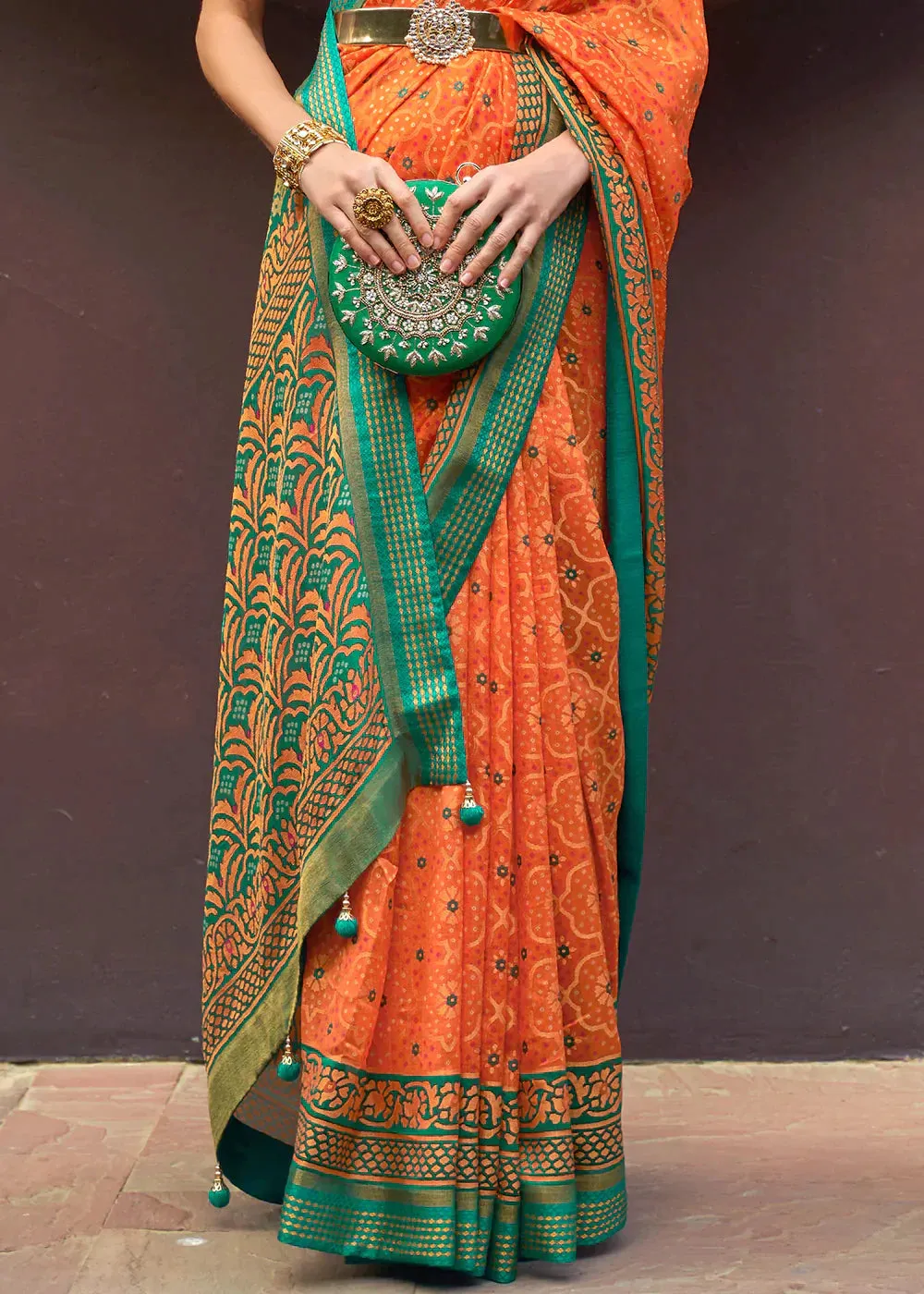 Aerospace Orange Designer Printed Brasso Silk Saree