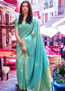 Aqua Blue Designer Wear Woven Banarasi Silk Saree