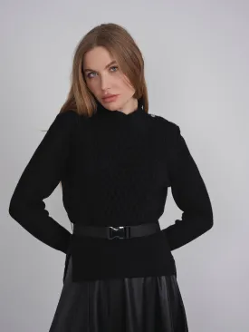 BELTED CABLE KNIT FRONT SWEATER