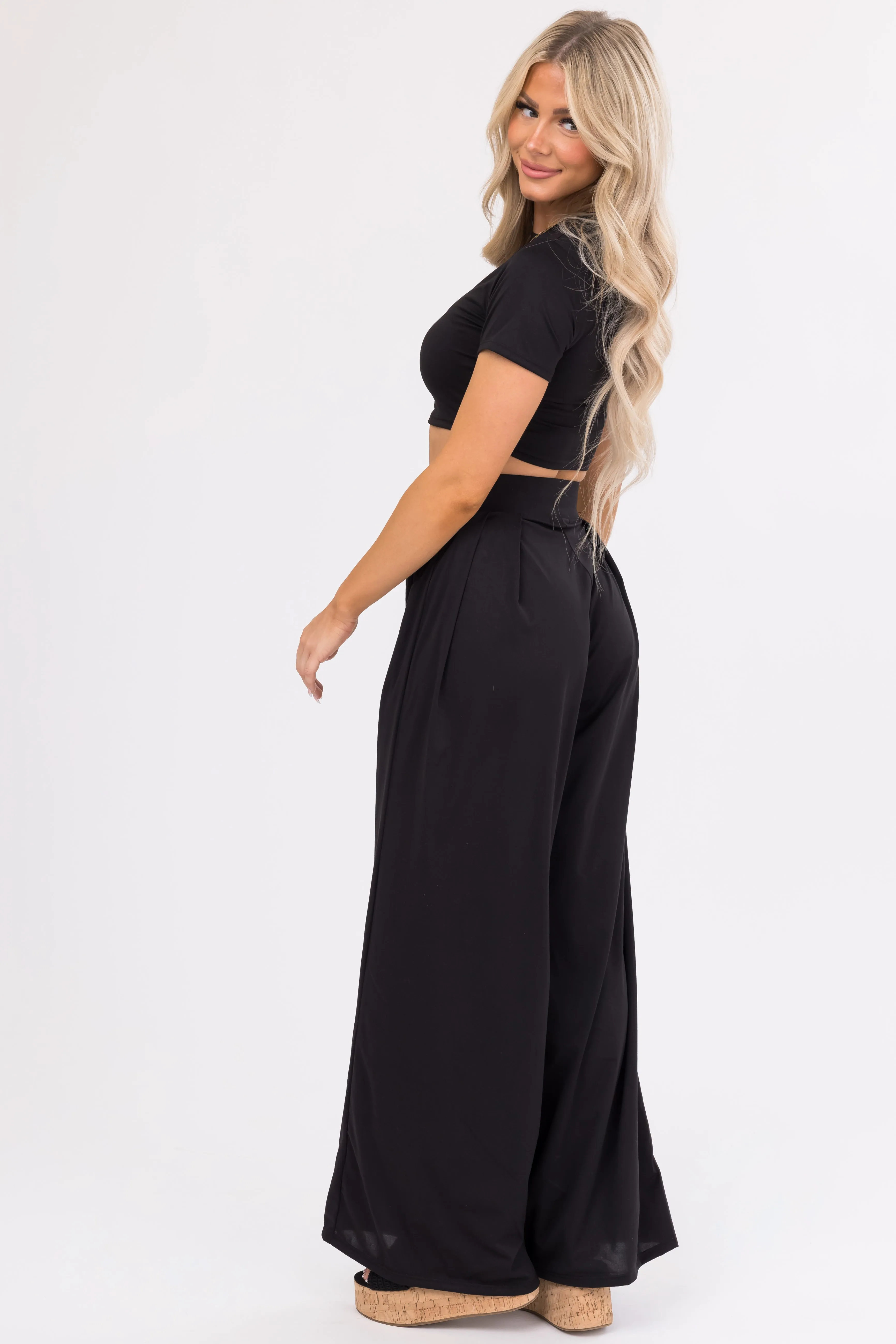 Black Wide Leg Pants with Crop Top Set