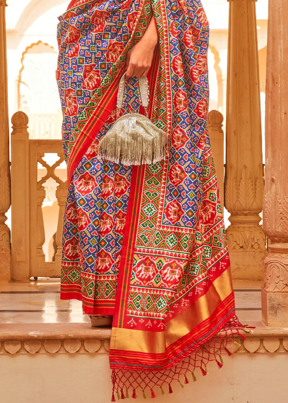 Blue & Red Printed Patola Tussar Silk Saree