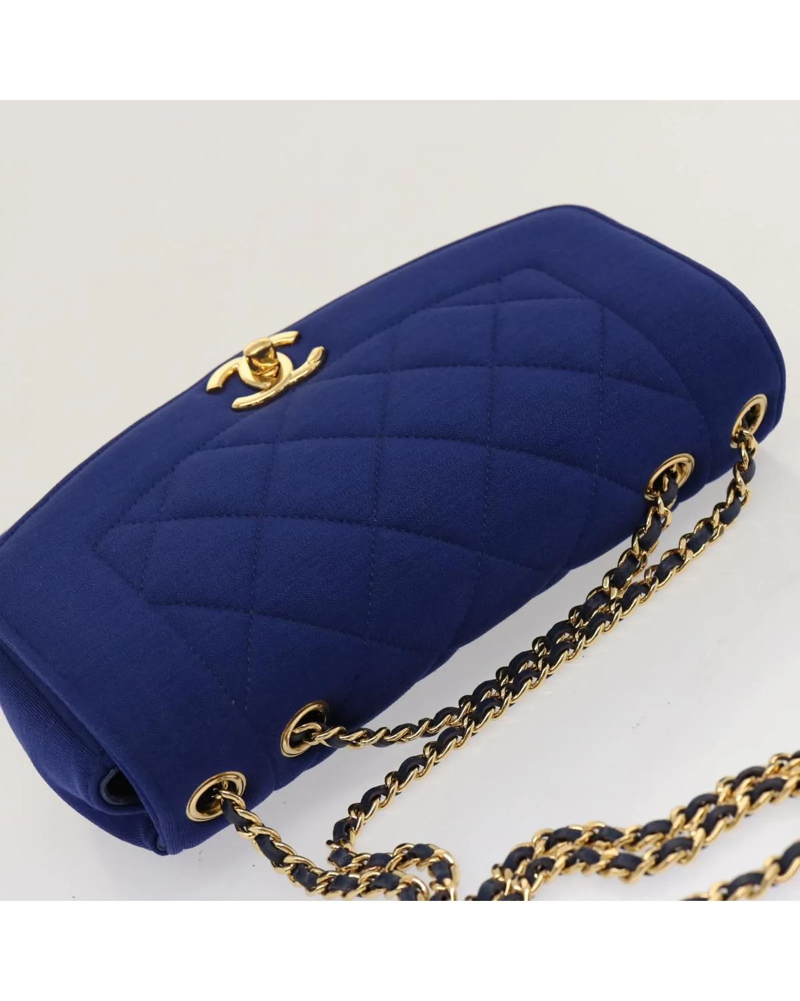 Blue Canvas Matelasse Chain Shoulder Bag with CC Logo by Diana