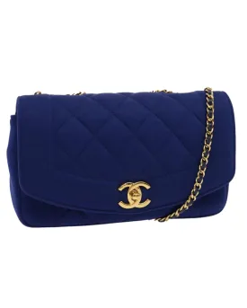 Blue Canvas Matelasse Chain Shoulder Bag with CC Logo by Diana