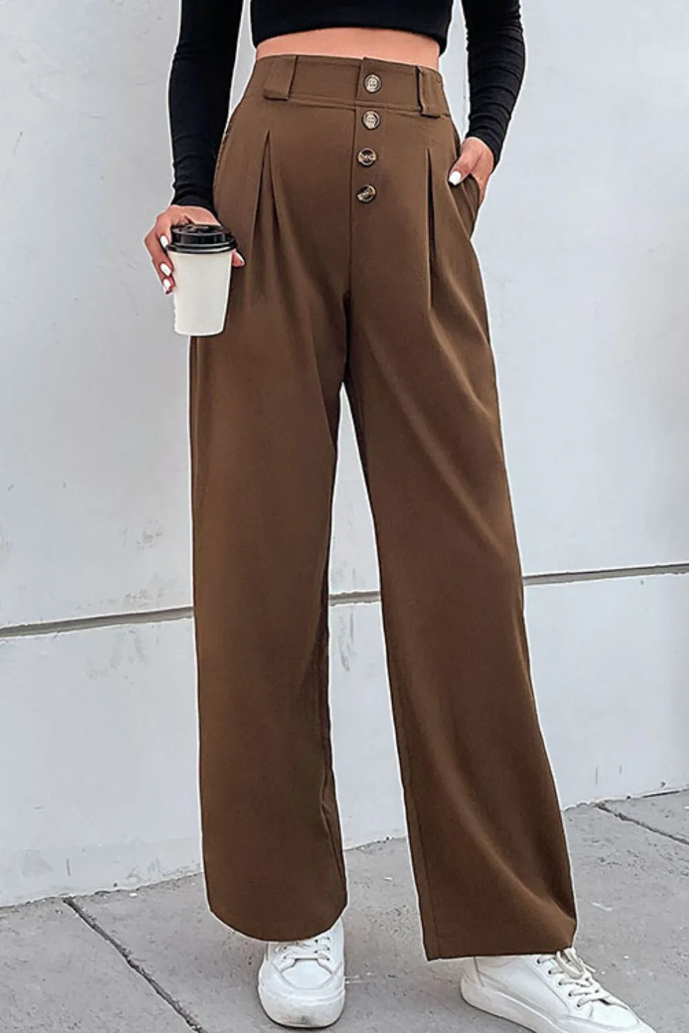 Button-Fly Pleated Waist Wide Leg Pants with Pockets