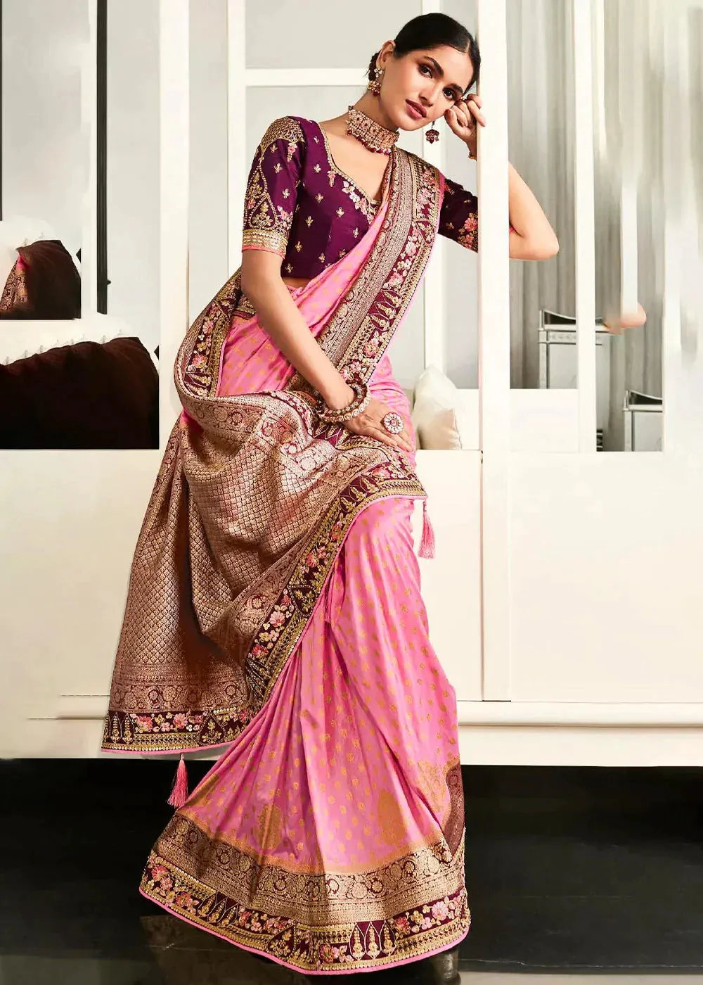 Carnation Pink Zari Weaving Satin Silk Saree with Embroidery Border