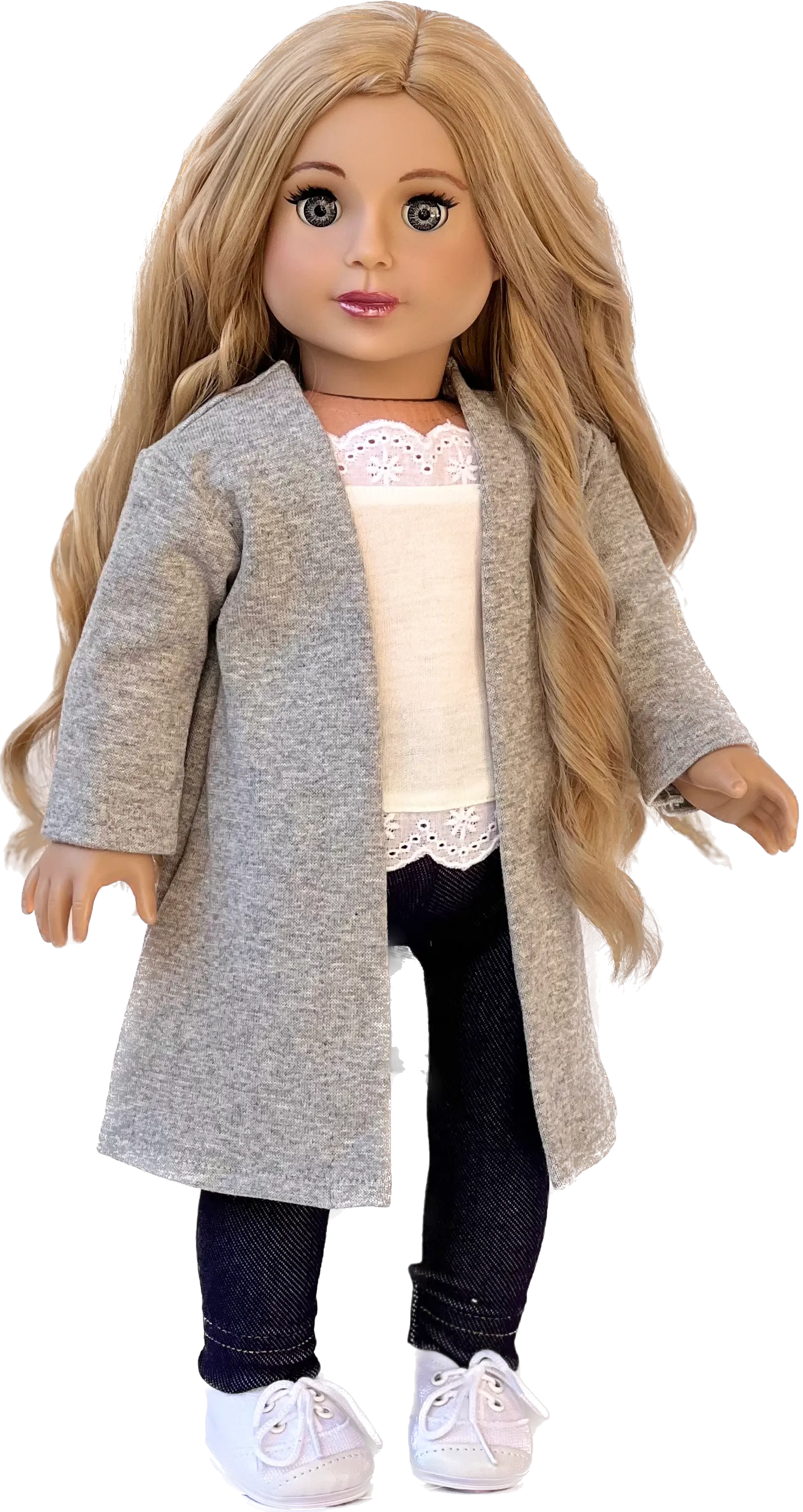 Comfy Chic - 4 Piece Outfit for 18 Inch Doll - White Tank Top, Leggings, Gray Long Sweater and White Sneakers - 18 Inch Doll Clothes ( Doll Not Included)