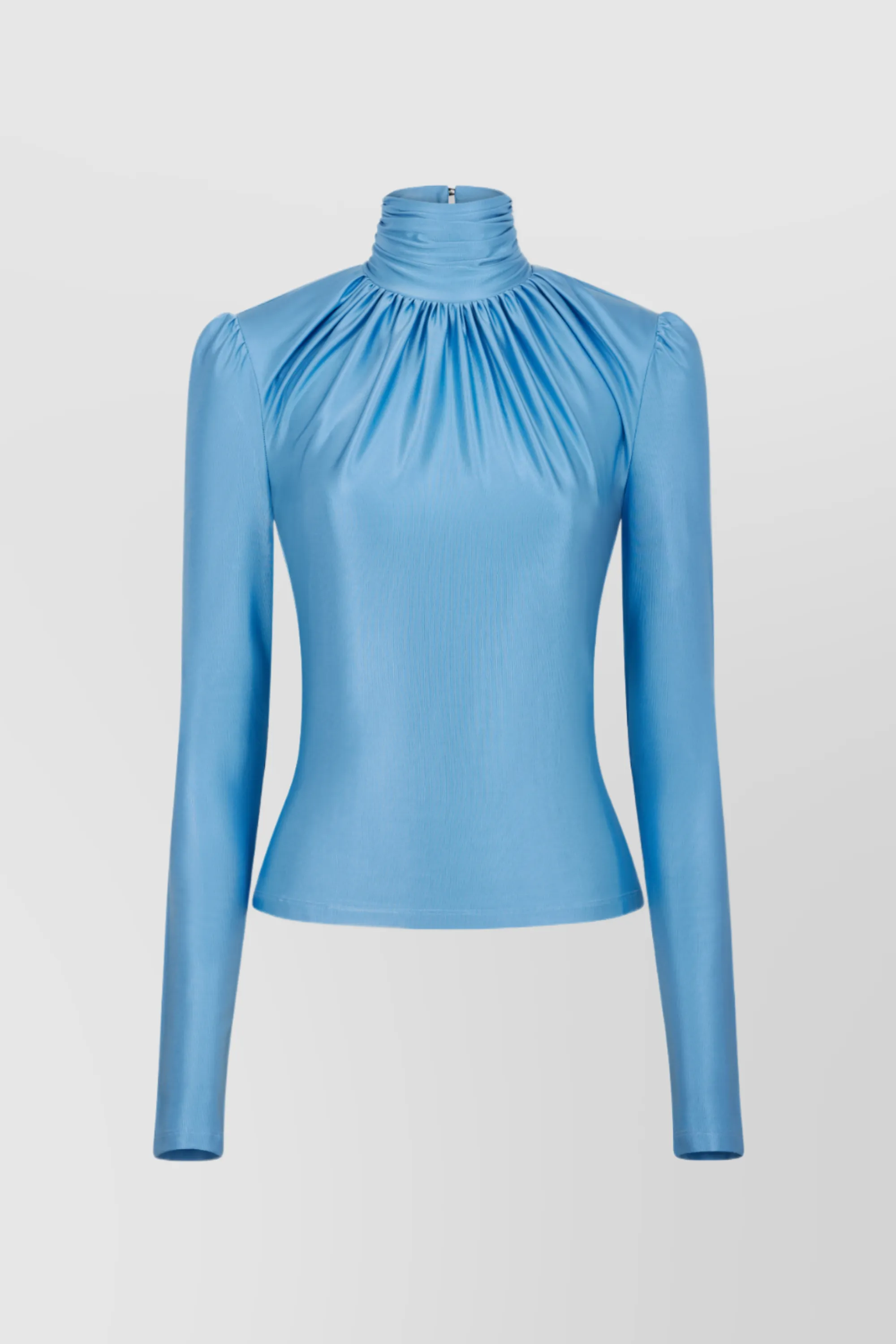 Draped blue high-neck top