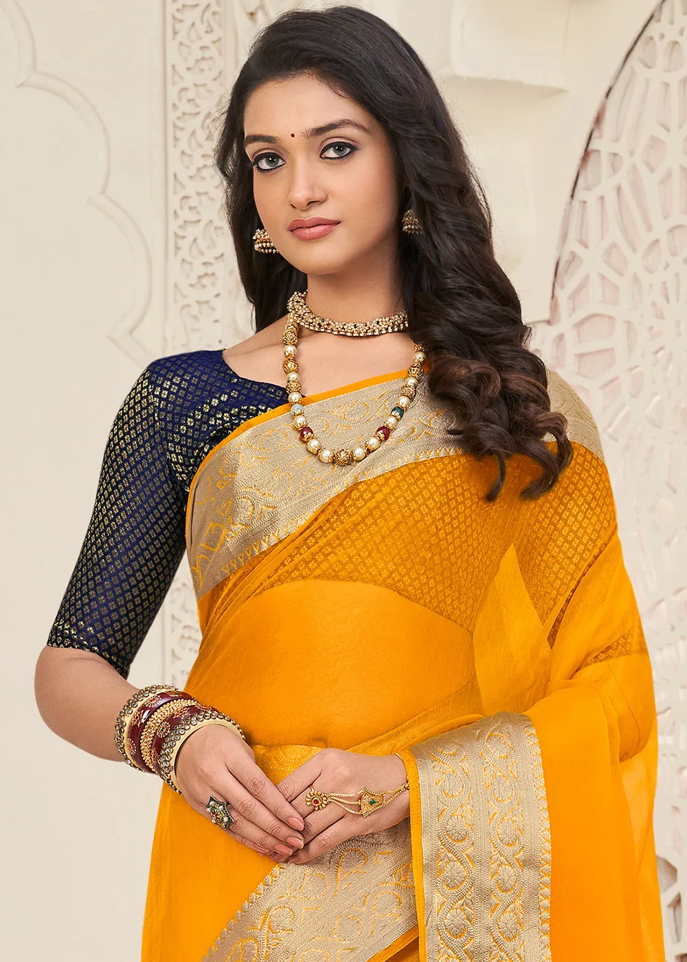 Fire Yellow Designer Organza Silk Saree with Tassels On Pallu