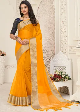 Fire Yellow Designer Organza Silk Saree with Tassels On Pallu