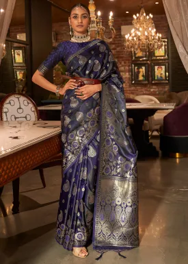 Indigo Blue Handloom Woven Satin Silk Saree