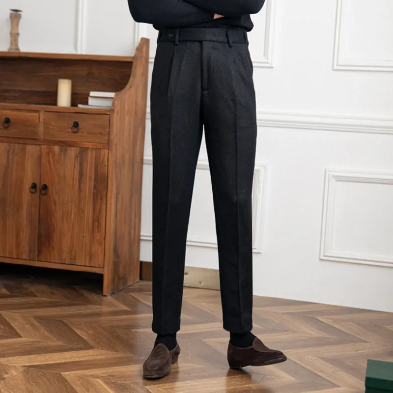 Men's Dress Pants Waist Pleated Straight Fit Flat Business Pants with Pockets