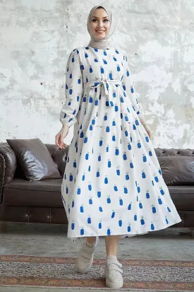 Navy Blue Pineapple Pattern Long Abaya Dress | Elegant Modest Fashion