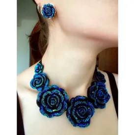 Nikko Blue Rose Statement Choker Necklace with Earrings