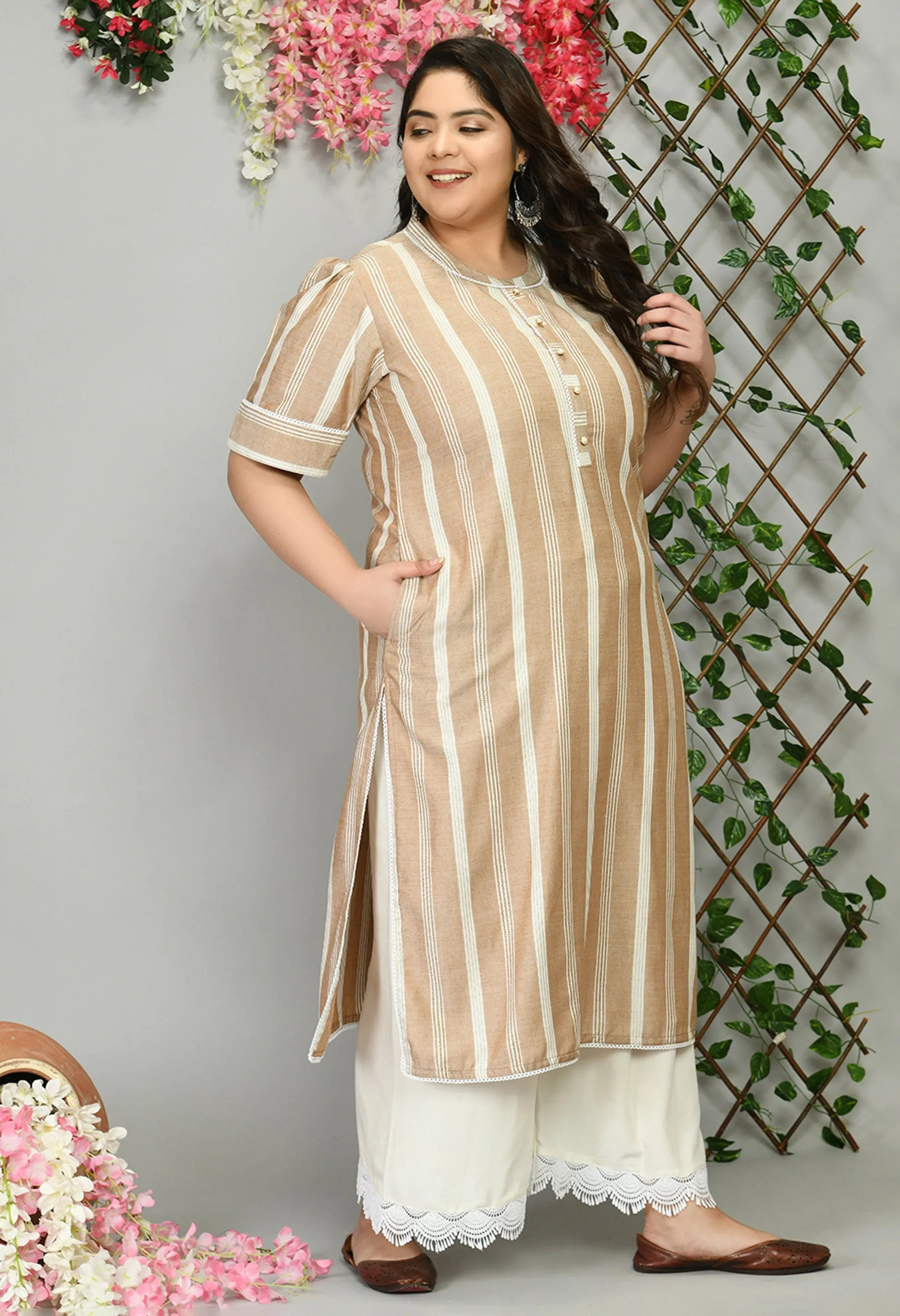 Plus Size Plus Size Striped Beige Kurta