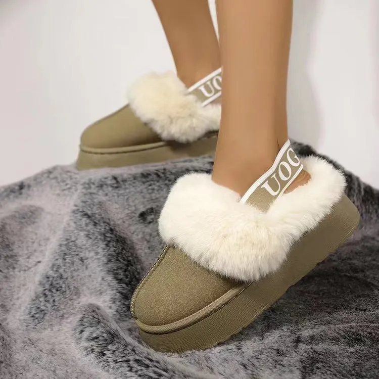 Plush Platform Slippers with Letter Strap