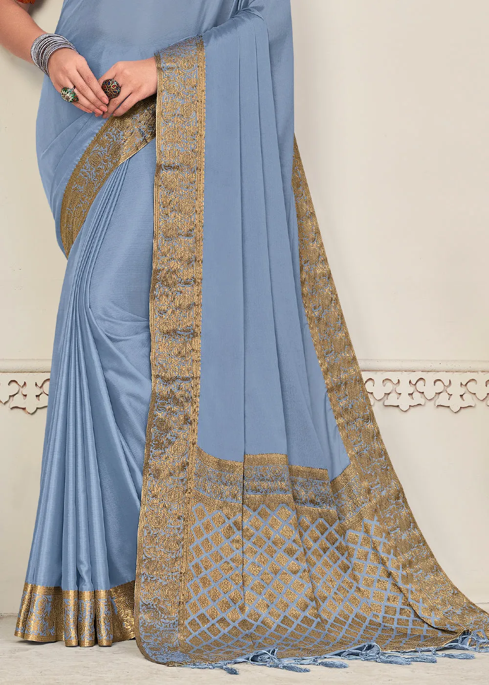 Powder Blue Woven Chinon Silk Saree