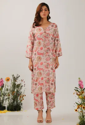 Set Of 2: Ambi Floral Chintz Straight Kurta With Narrow Fit Pants