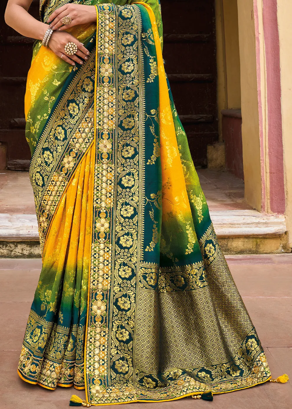 Yellow & Green Dola Silk Saree with Beautiful Embroidery work: Wedding Edition