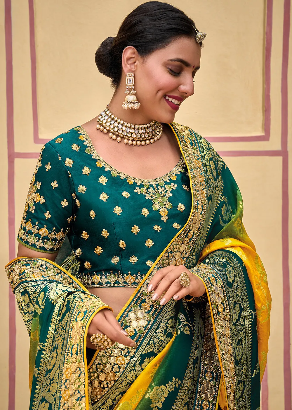 Yellow & Green Dola Silk Saree with Beautiful Embroidery work: Wedding Edition