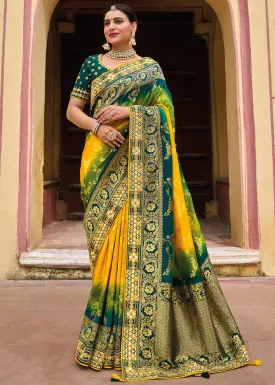 Yellow & Green Dola Silk Saree with Beautiful Embroidery work: Wedding Edition